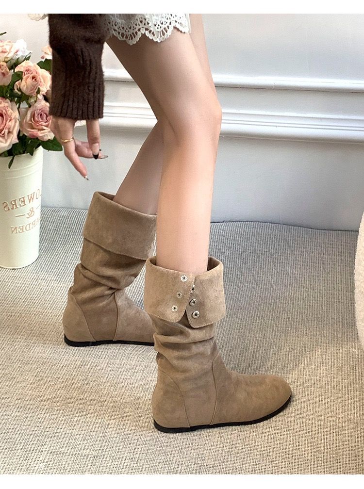 Suede long boots with flat bottom and round toe, worn in pairs to look slim. Western cowboy boots, retro knight boots, women's style Khaki 35