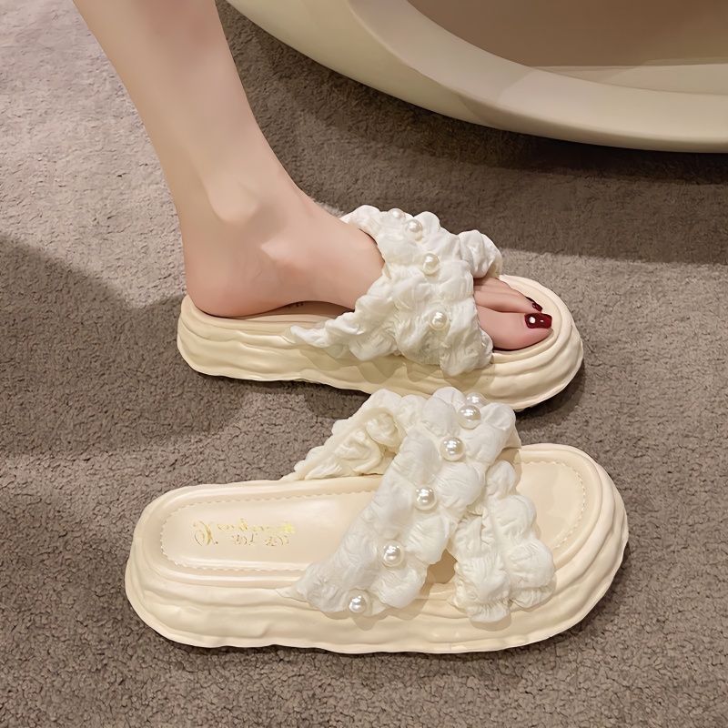 Fairy style pearl slippers for women's outdoor wear 2023 new style sponge cake thick soled dissolved shoes beach slippers ins 01 36-37
