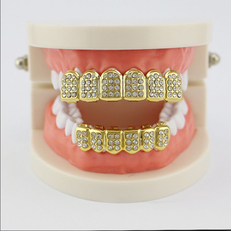 Diamond studded hip-hop braces, full diamond hip-hop, gold-plated silver fake braces, cross-border Amazon