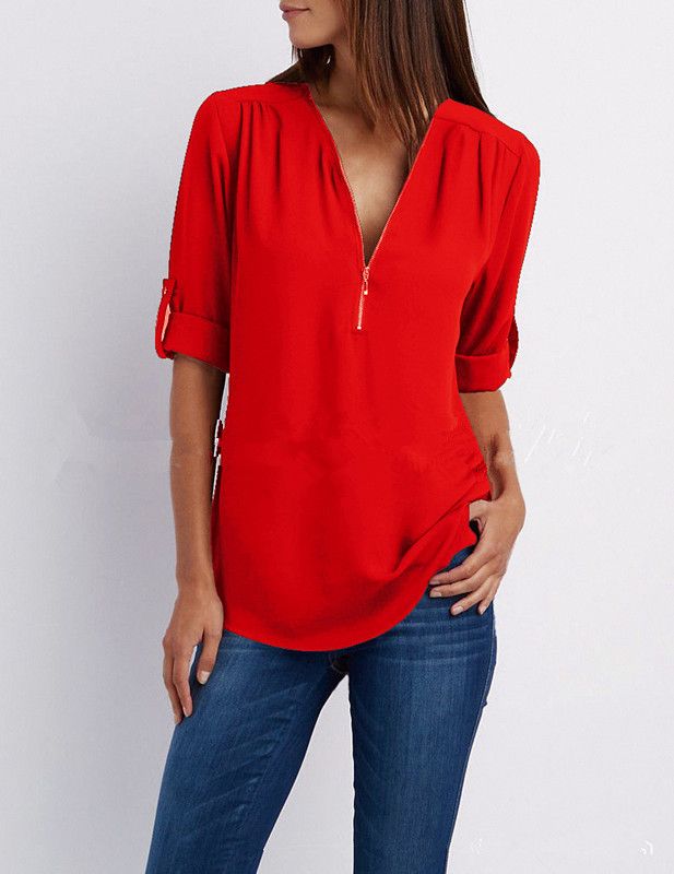 European and American shirts V-neck zipper plus size women's long sleeves can be rolled up loose chiffon shirt European and American Rose red s