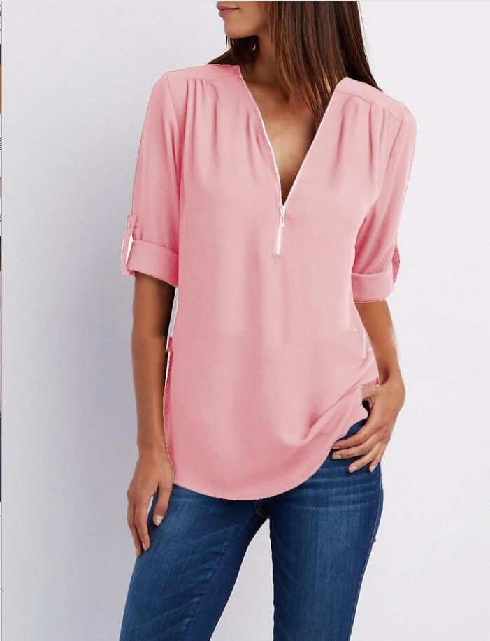 European and American shirts V-neck zipper plus size women's long sleeves can be rolled up loose chiffon shirt European and American Rose red s