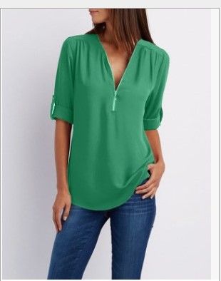 European and American shirts V-neck zipper plus size women's long sleeves can be rolled up loose chiffon shirt European and American Rose red s