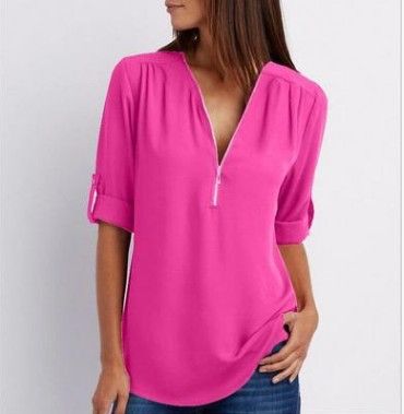 European and American shirts V-neck zipper plus size women's long sleeves can be rolled up loose chiffon shirt European and American Rose red s