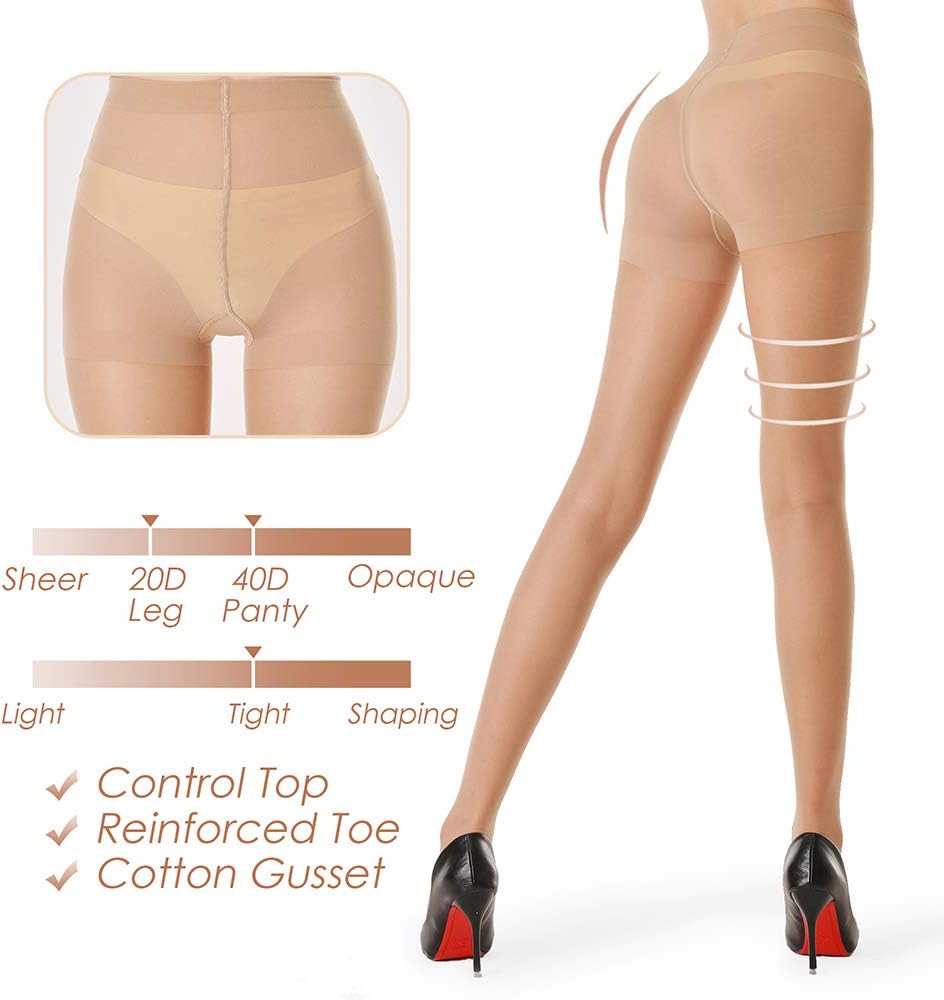 3 Pairs Women's Sheer Tights - 20D Control Top Pantyhose with Reinforced Toes black one size