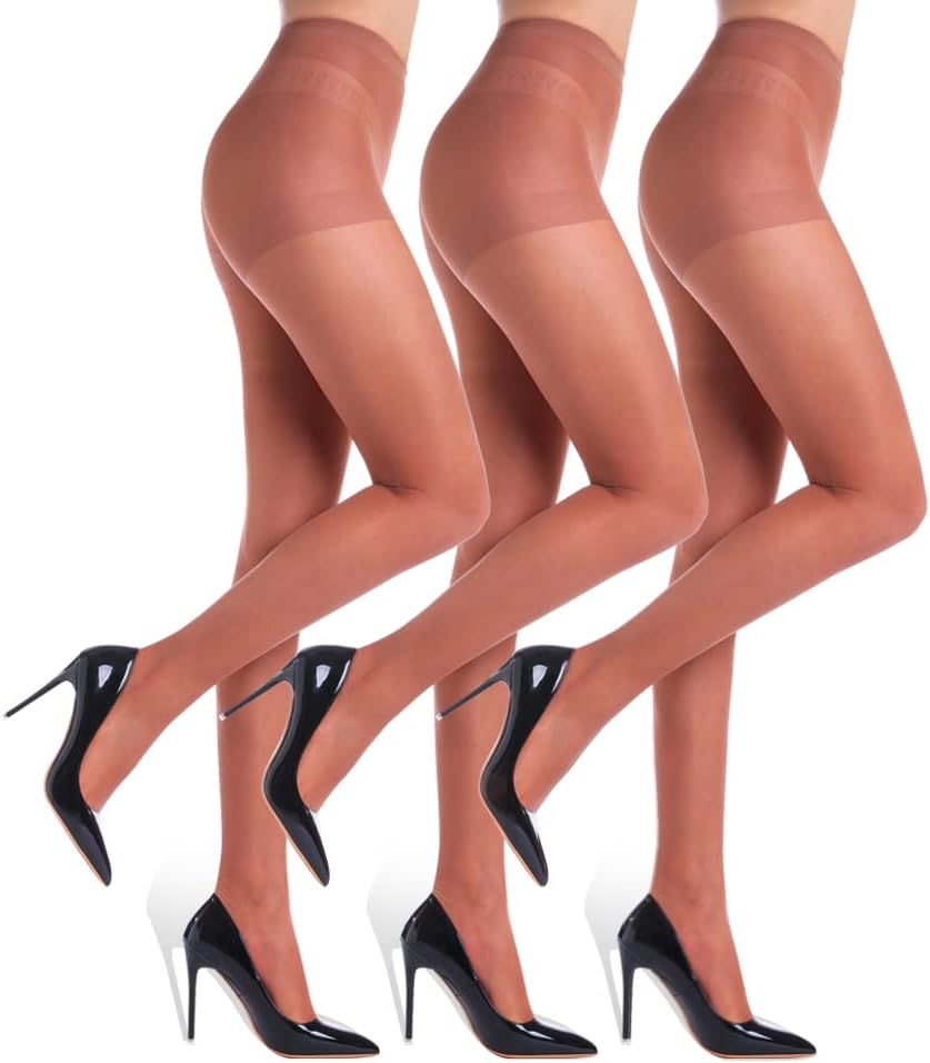 3 Pairs Women's Sheer Tights - 20D Control Top Pantyhose with Reinforced Toes black one size