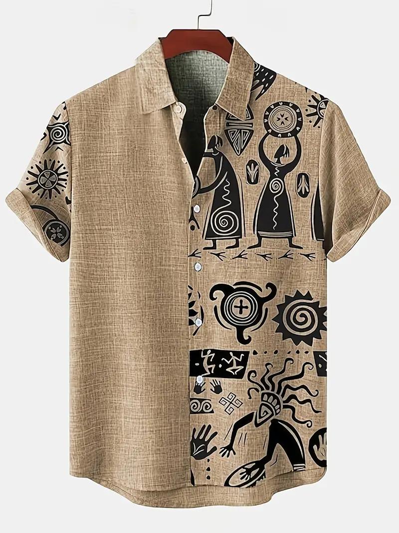 Men's Casual Tribal Print Short Sleeve Shirt - Summer Button-Up, Lightweight Polyester, Bohemian Graphic Design with Geometric Patterns in Black & White, Perfect for Parties, Festivals & Casual Attire