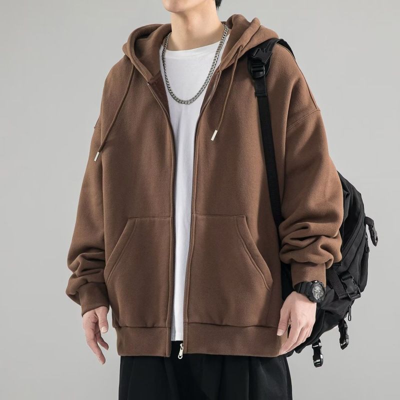Hooded solid color cardigan jacket men's spring and autumn trendy brand American high street casual men's clothing loose 2023 new item brown M