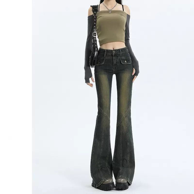 Micro flared jeans for women in autumn, high waist and slimming design, spicy girl's horseshoe horn pants for spring and autumn retro blue L