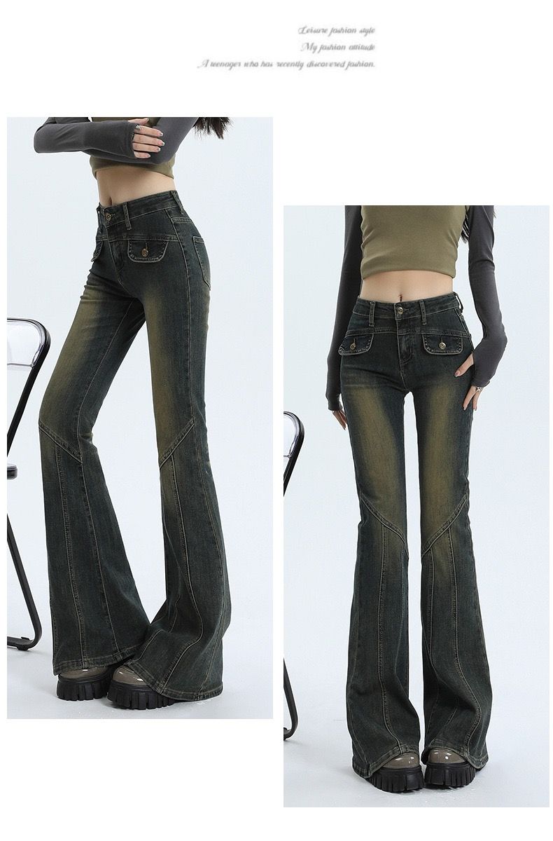 Micro flared jeans for women in autumn, high waist and slimming design, spicy girl's horseshoe horn pants for spring and autumn retro blue L