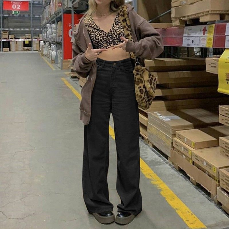 Amazon Hot Seller Style Corduroy Floor-Sweeping Drape Wide-Leg Casual Trousers For Women Fall European Style Women's Apparel Factory Direct Stock black（黑） S