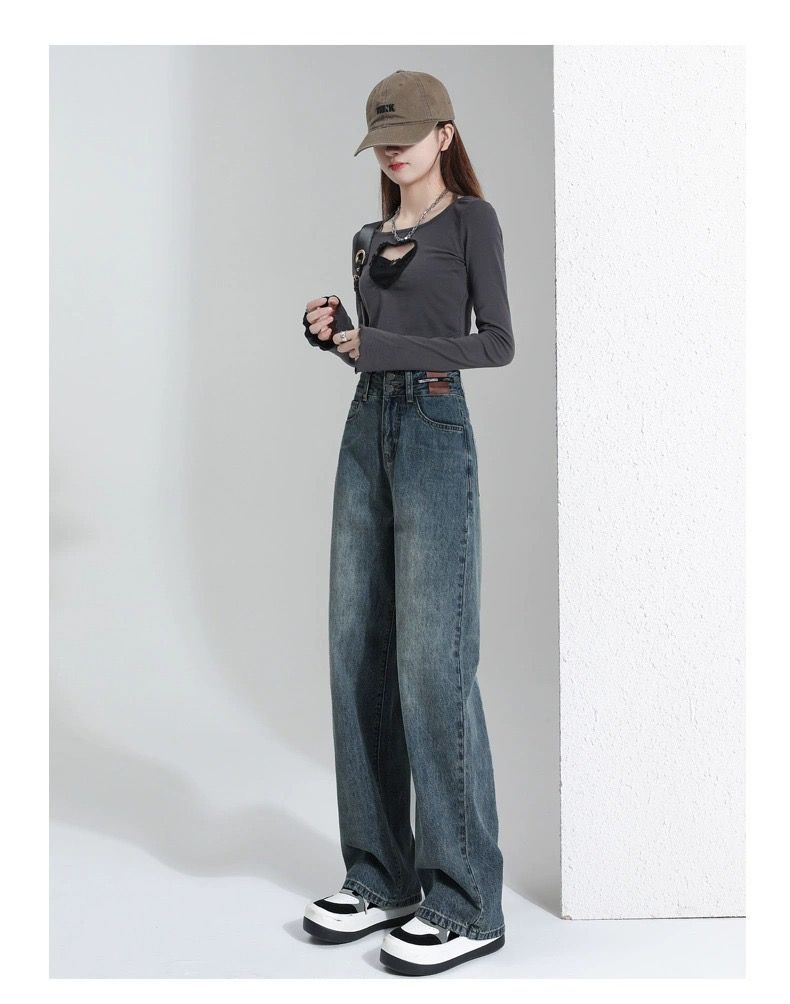 Wide leg pants, retro straight leg jeans, women's summer thin design, new high waisted loose fit, slimming and floor length pants retro blue L