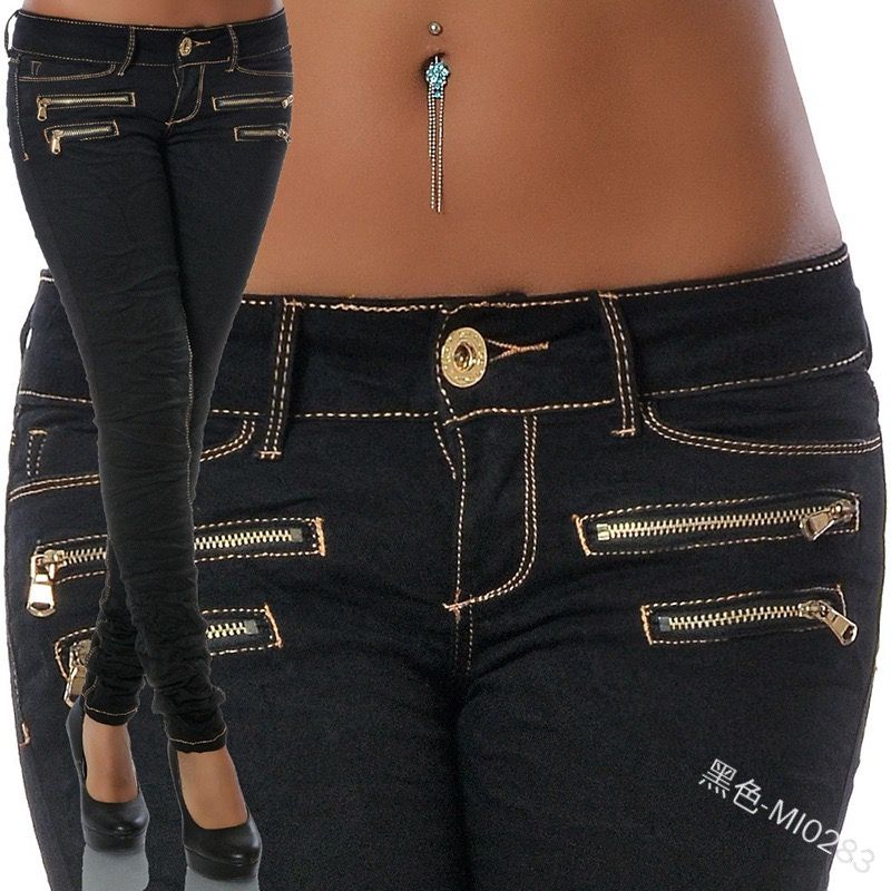 Cross border foreign trade Amazon European and American fashion mid waist jeans zipper women's slim fit pleated pencil pants with small feet black L