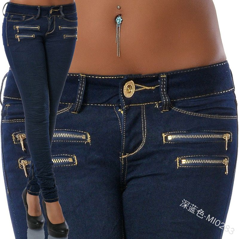 Cross border foreign trade Amazon European and American fashion mid waist jeans zipper women's slim fit pleated pencil pants with small feet black L