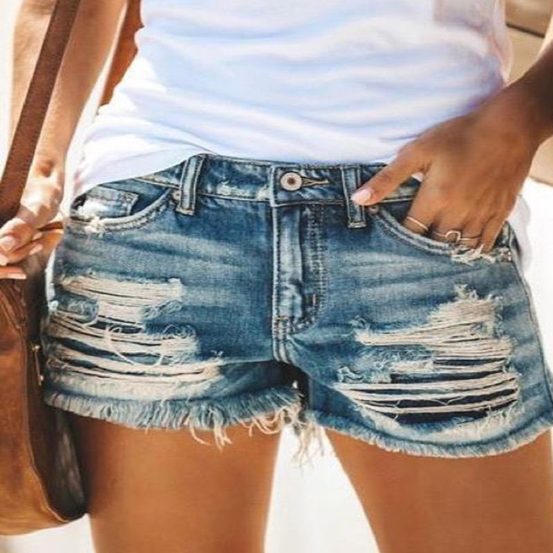 Amazon AliExpress eaby European and American foreign trade high waisted tassel ripped denim shorts women's hot pants Deep Blue S