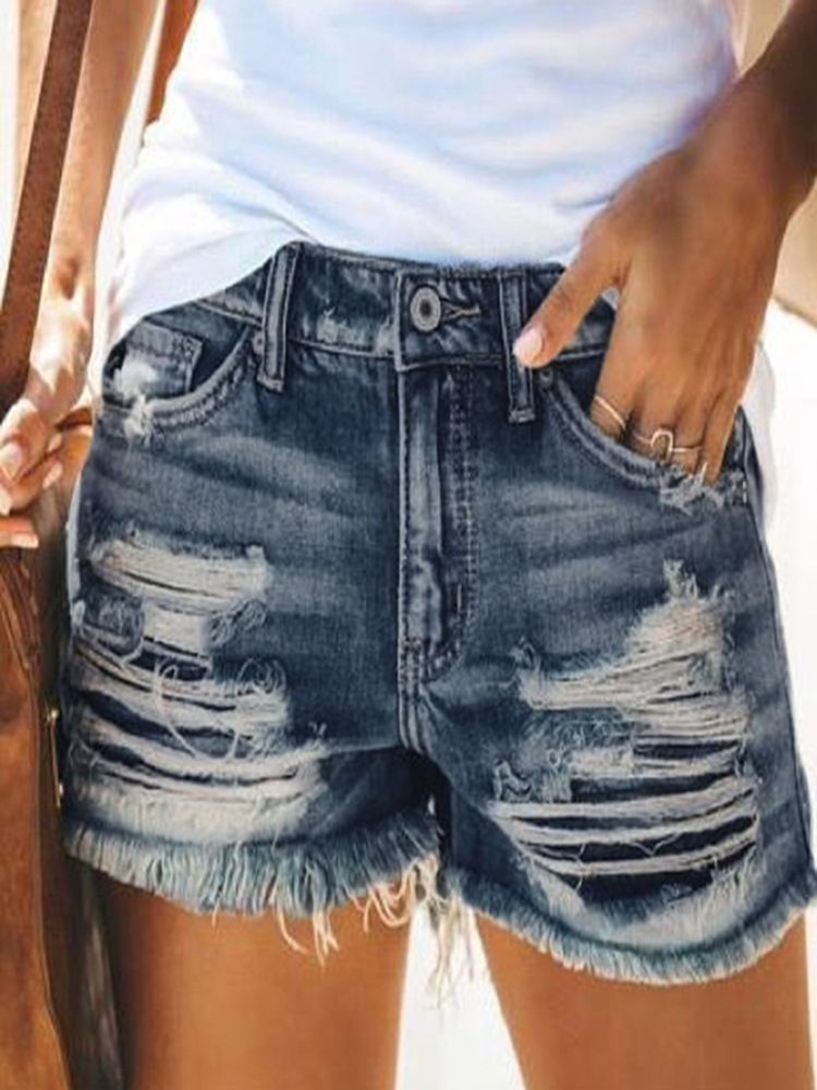 Amazon AliExpress eaby European and American foreign trade high waisted tassel ripped denim shorts women's hot pants Deep Blue S