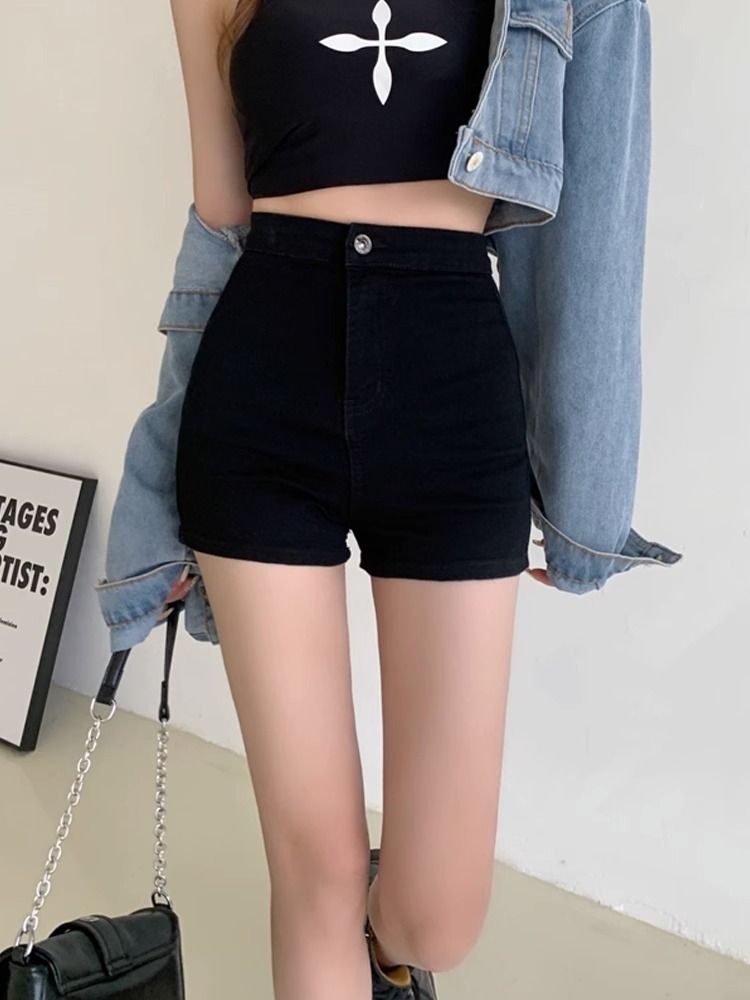 Black denim shorts for women, summer thin, 2025 new high waisted loose A-line ultra short tight hot pants, spicy girl black S