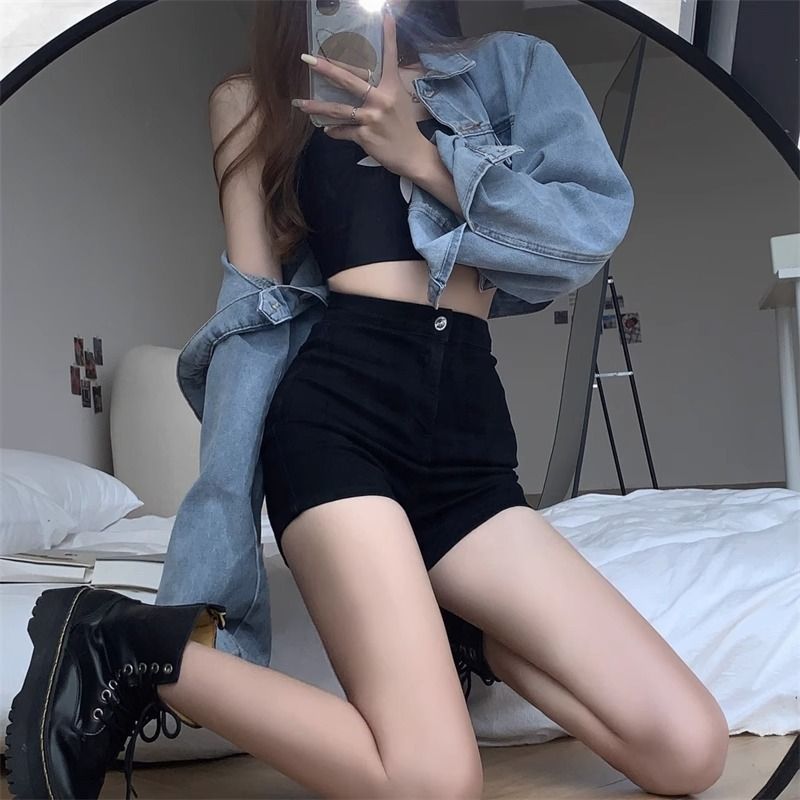 Black denim shorts for women, summer thin, 2025 new high waisted loose A-line ultra short tight hot pants, spicy girl black S