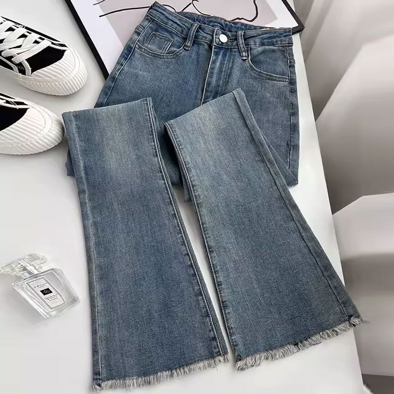 Retro micro flared jeans for women, American high waisted elastic slim fit straight leg horseshoe pants with frayed edges, floor length flared pants for women retro blue S