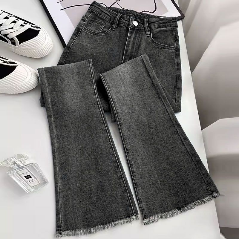 Retro micro flared jeans for women, American high waisted elastic slim fit straight leg horseshoe pants with frayed edges, floor length flared pants for women retro blue S