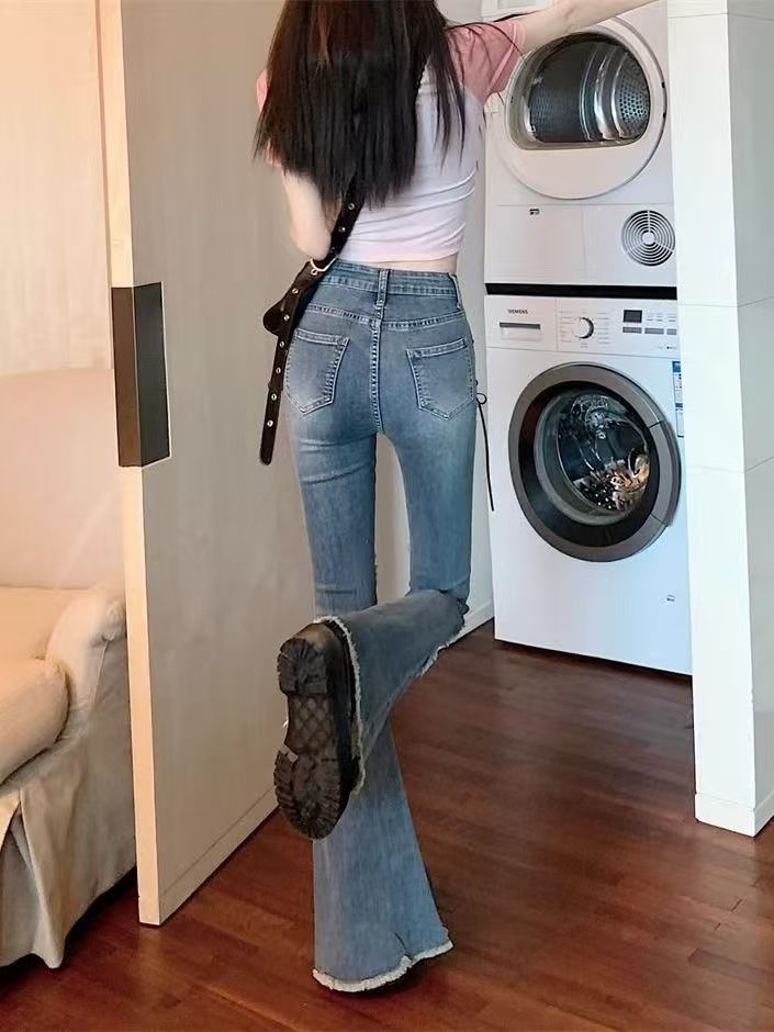 American vintage raw-edge tassel split flared jeans for hot girls, high-waisted, slimming, tight straight-leg floor-length pants blue S