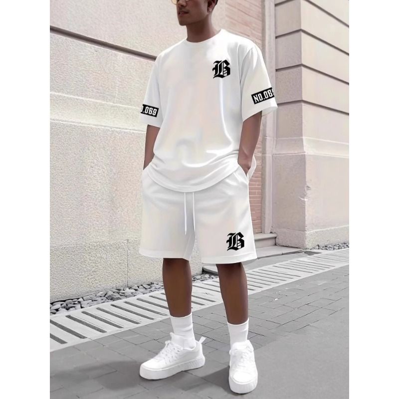 Men's 2 Piece Sports Set Los Angeles Letter T-Shirt and Shorts Breathable Mesh Summer Outfit Black S