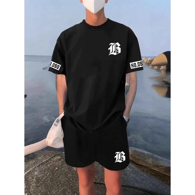 Men's 2 Piece Sports Set Los Angeles Letter T-Shirt and Shorts Breathable Mesh Summer Outfit Black S