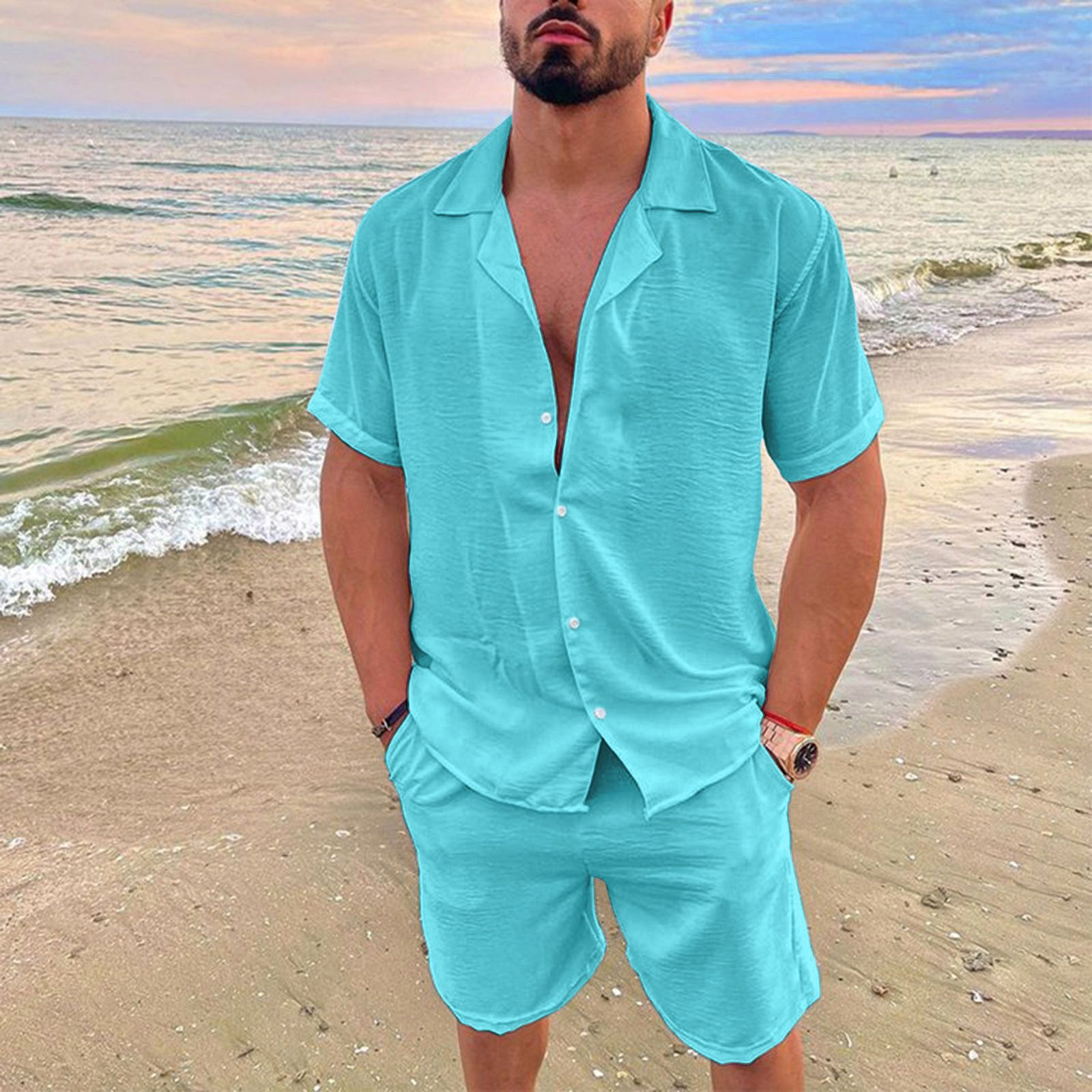 Hot Sale Hawaii Explosion Men's Summer Lapel Solid Color Short Sleeve Shorts Suit（cotton） Light green M