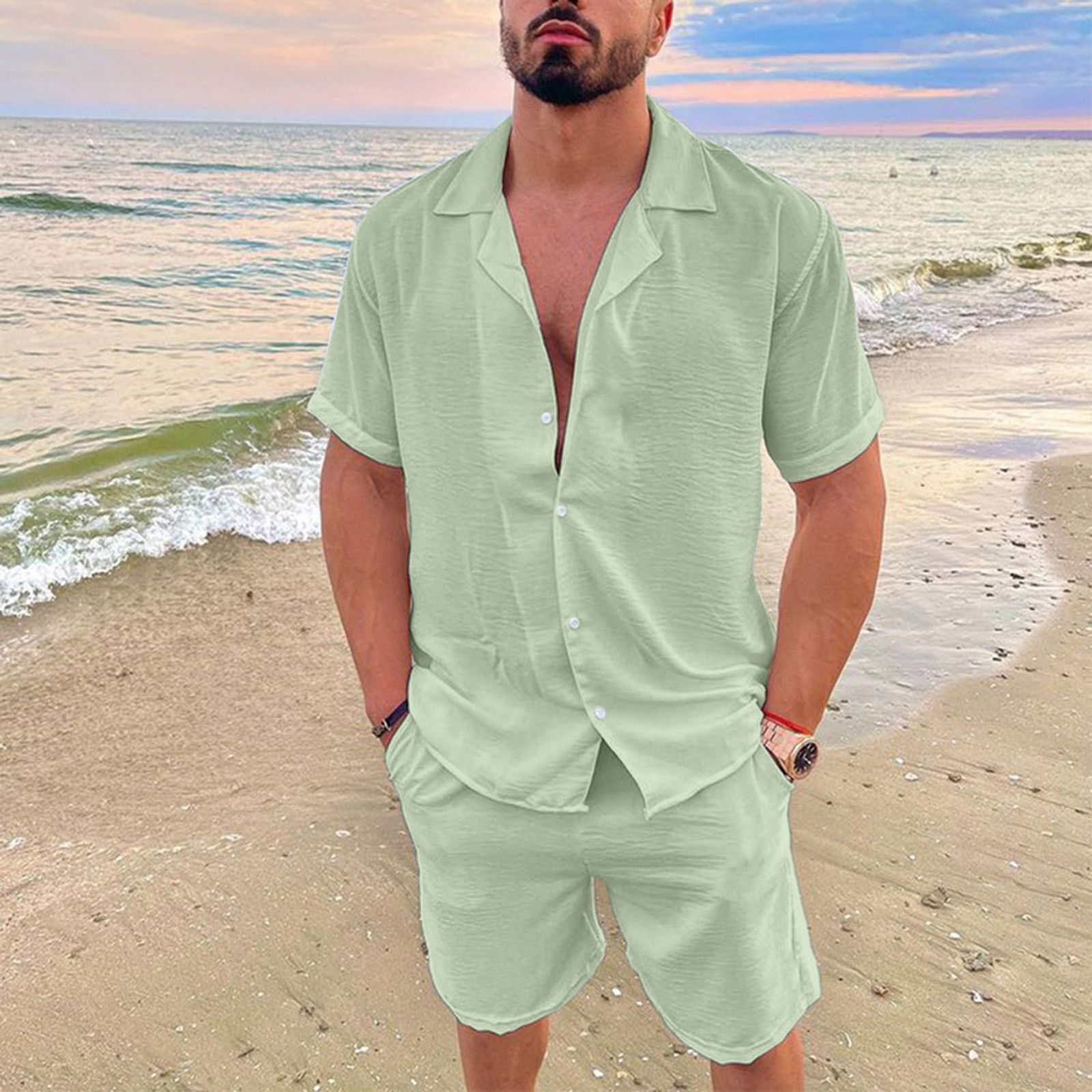 Hot Sale Hawaii Explosion Men's Summer Lapel Solid Color Short Sleeve Shorts Suit（cotton） Light green M