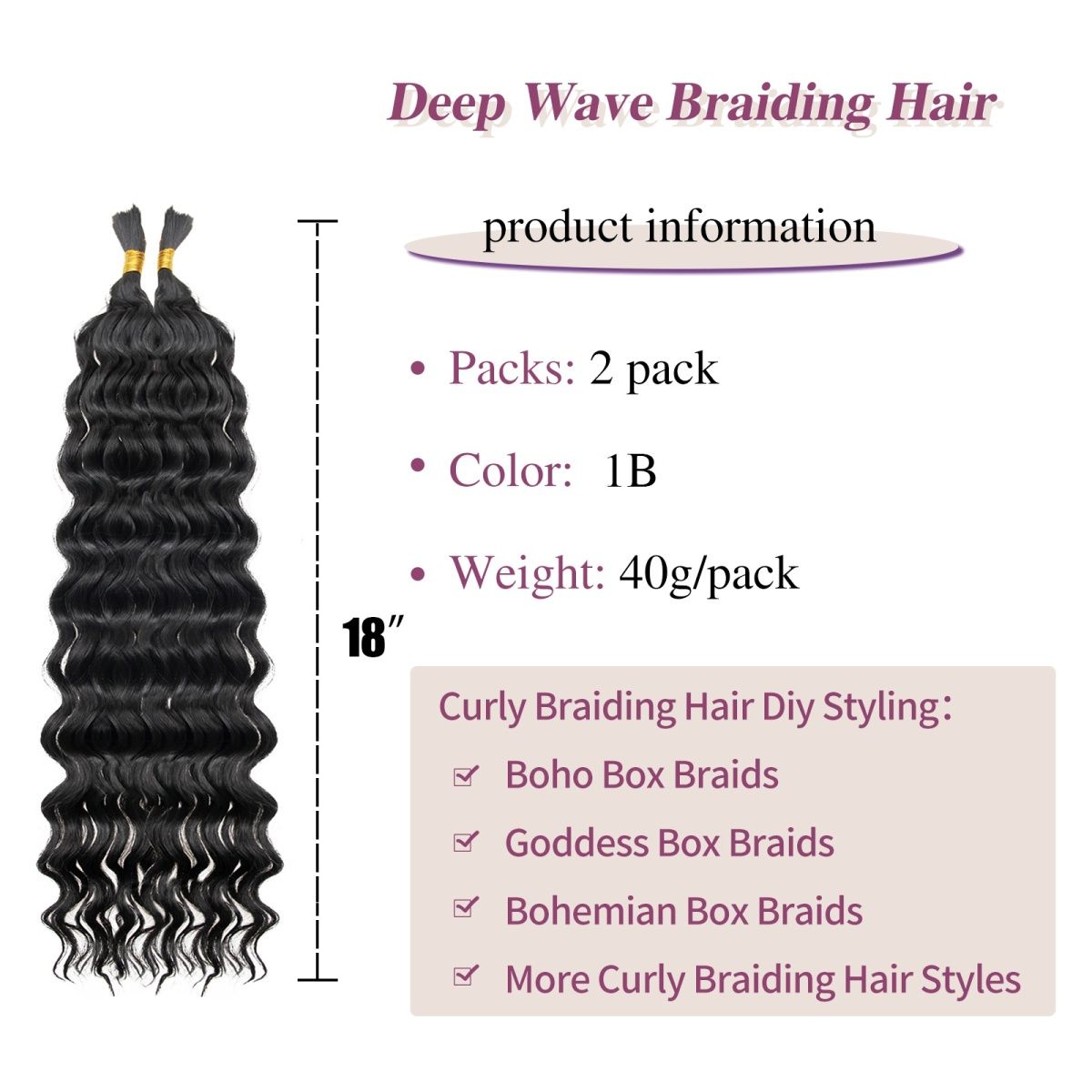 18inch 1Bundle 50g Deep Wave Curly Human Braiding Hair #1B Color 18 inch