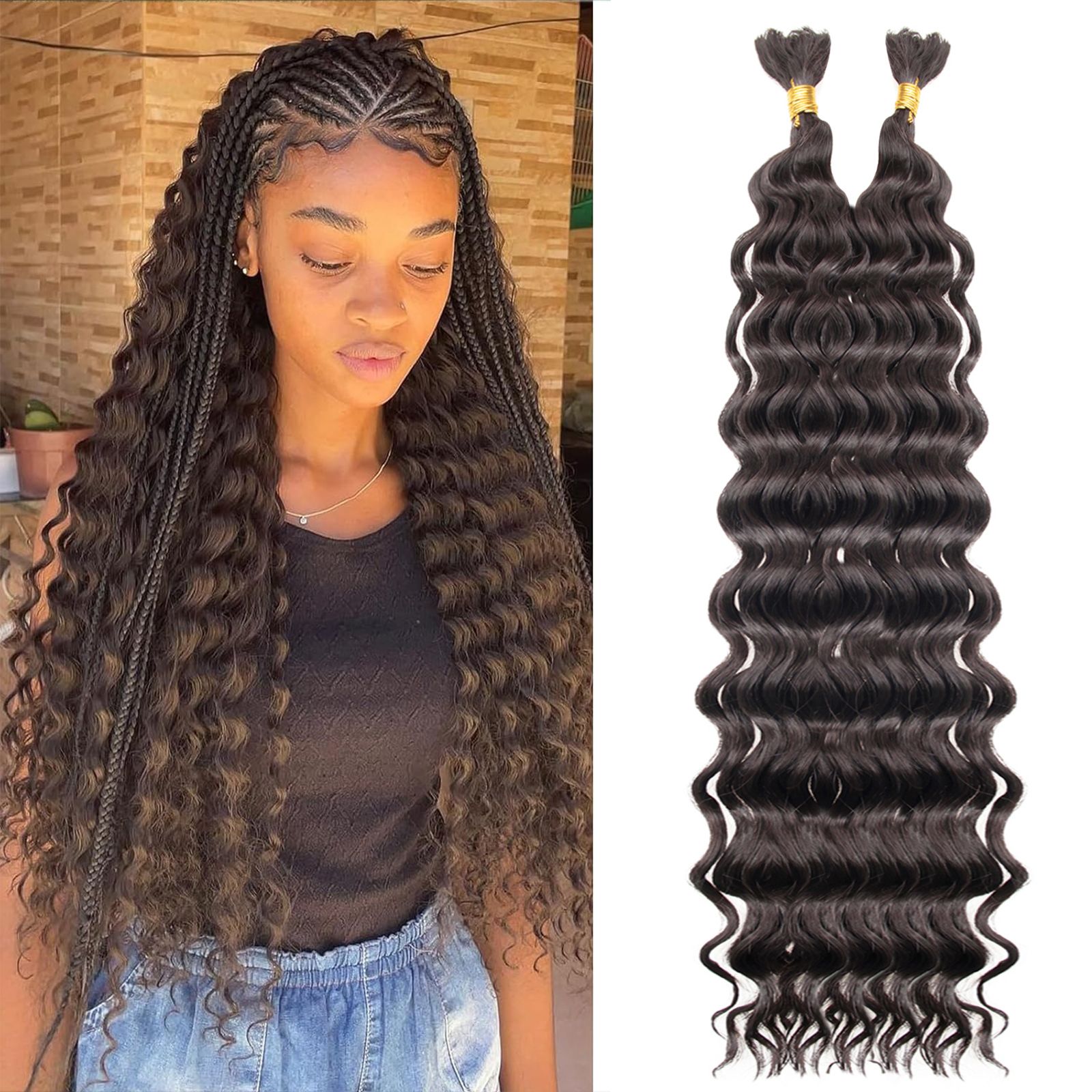 18inch 1Bundle 50g Deep Wave Curly Human Braiding Hair #1B Color 18 inch