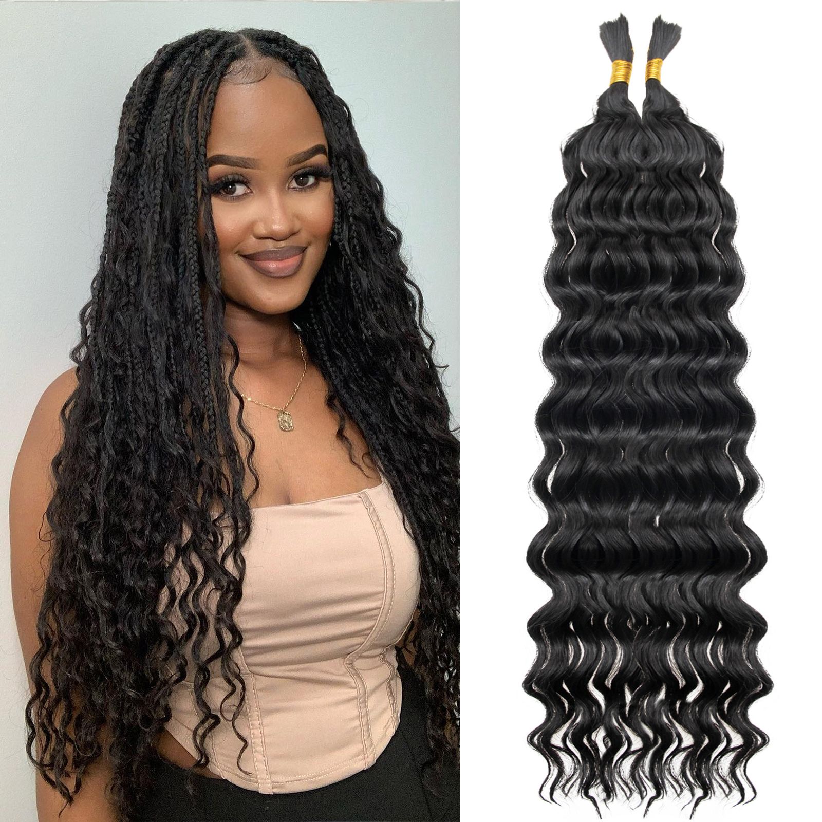 18inch 1Bundle 50g Deep Wave Curly Human Braiding Hair #1B Color 18 inch