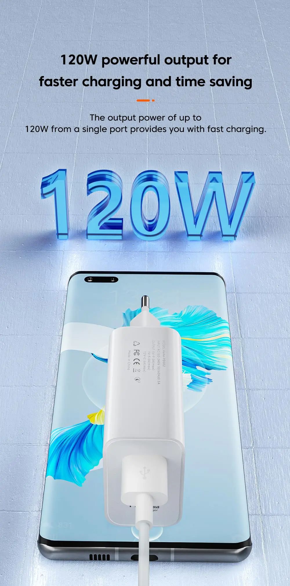 120W USB Charger Fast Charging QC3.0 USB C Cable Type C Cable Mobile Phone Charger For iPhone Huawei Samsung Xiaomi Quick Charge White