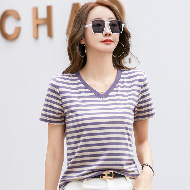 398 striped contrasting V-neck retro artistic short sleeved t-shirt women's western-style top summer outfit new internet celebrity base shirt