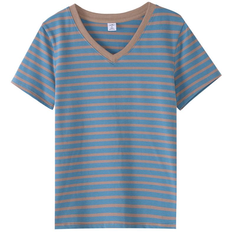 398 striped contrasting V-neck retro artistic short sleeved t-shirt women's western-style top summer outfit new internet celebrity base shirt
