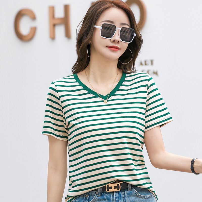 398 striped contrasting V-neck retro artistic short sleeved t-shirt women's western-style top summer outfit new internet celebrity base shirt
