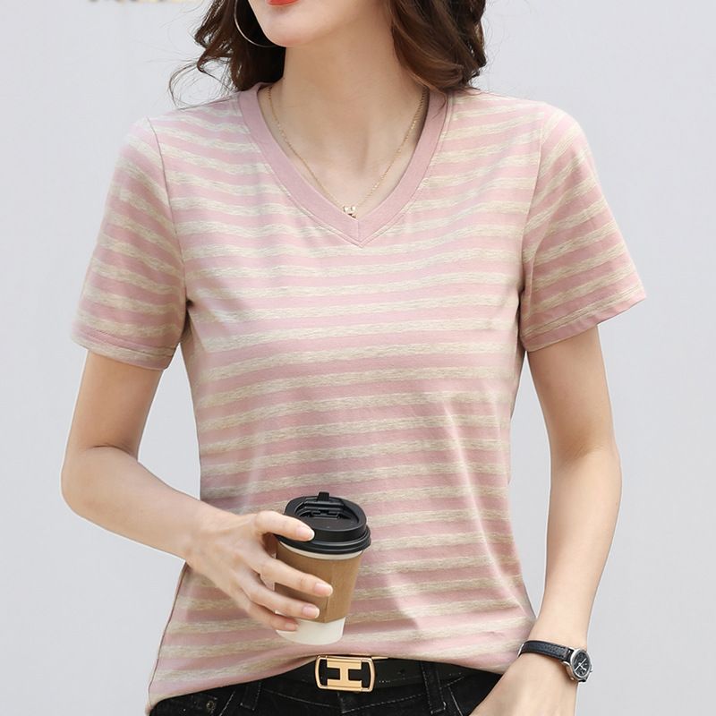 398 striped contrasting V-neck retro artistic short sleeved t-shirt women's western-style top summer outfit new internet celebrity base shirt