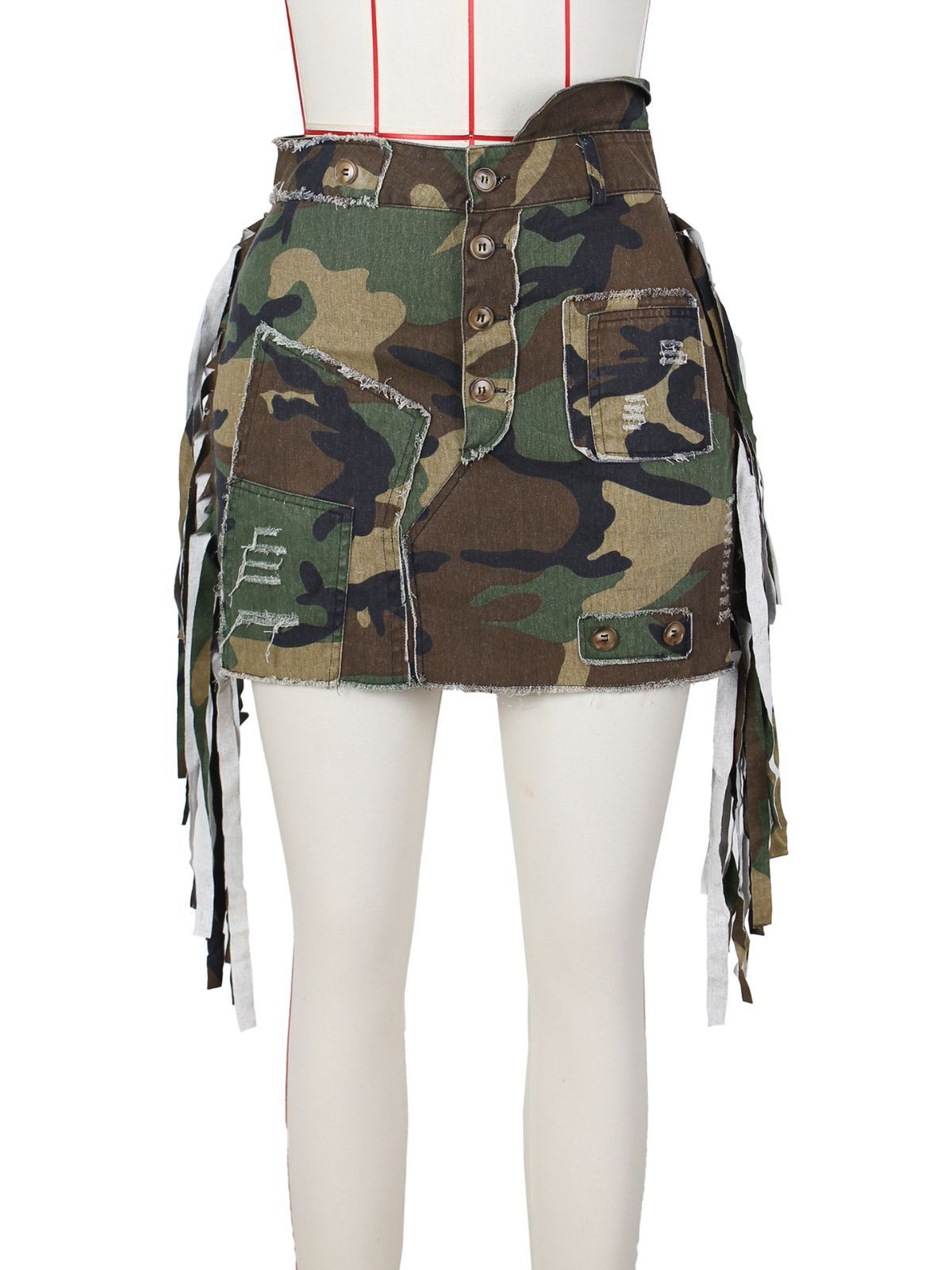 Amazon hot selling European and American women's summer fashion camouflage tassel short skirt half body skirt camouflage patch bag skirt design（花色） S