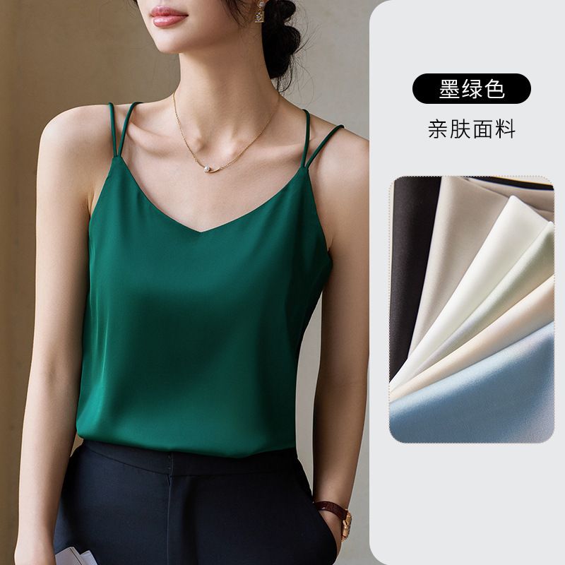 Womens Silk Satin Camisole Tank Tops V Neck Spaghetti Strap Blouses Cross Back Sleeveless Cami Shirt