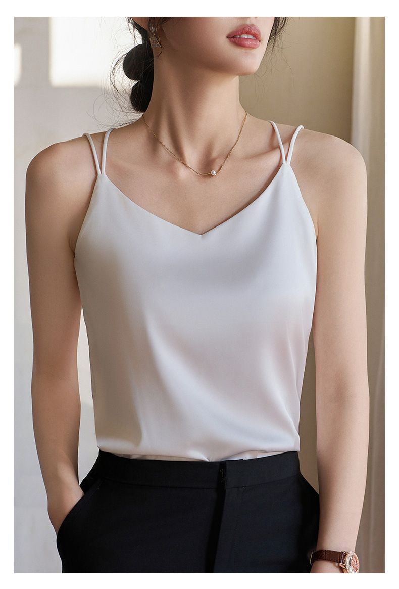Womens Silk Satin Camisole Tank Tops V Neck Spaghetti Strap Blouses Cross Back Sleeveless Cami Shirt