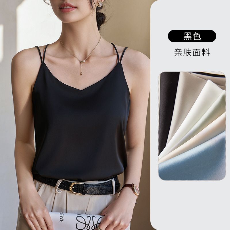 Womens Silk Satin Camisole Tank Tops V Neck Spaghetti Strap Blouses Cross Back Sleeveless Cami Shirt