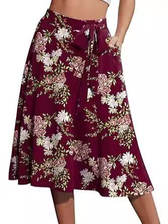 Amazon's best-selling product with the same large swing skirt. Amazon's new elastic waist strap printed double pocket skirt for women Black（黑） S