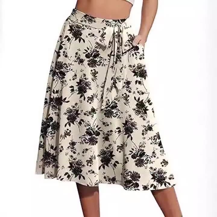 Amazon's best-selling product with the same large swing skirt. Amazon's new elastic waist strap printed double pocket skirt for women Black（黑） S