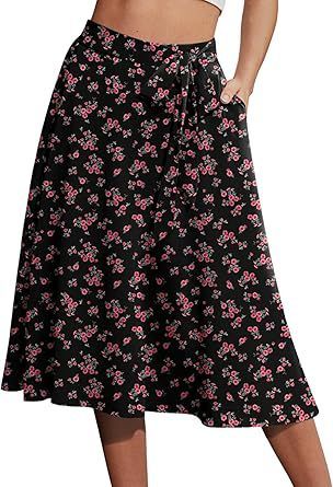 Amazon's best-selling product with the same large swing skirt. Amazon's new elastic waist strap printed double pocket skirt for women Black（黑） S