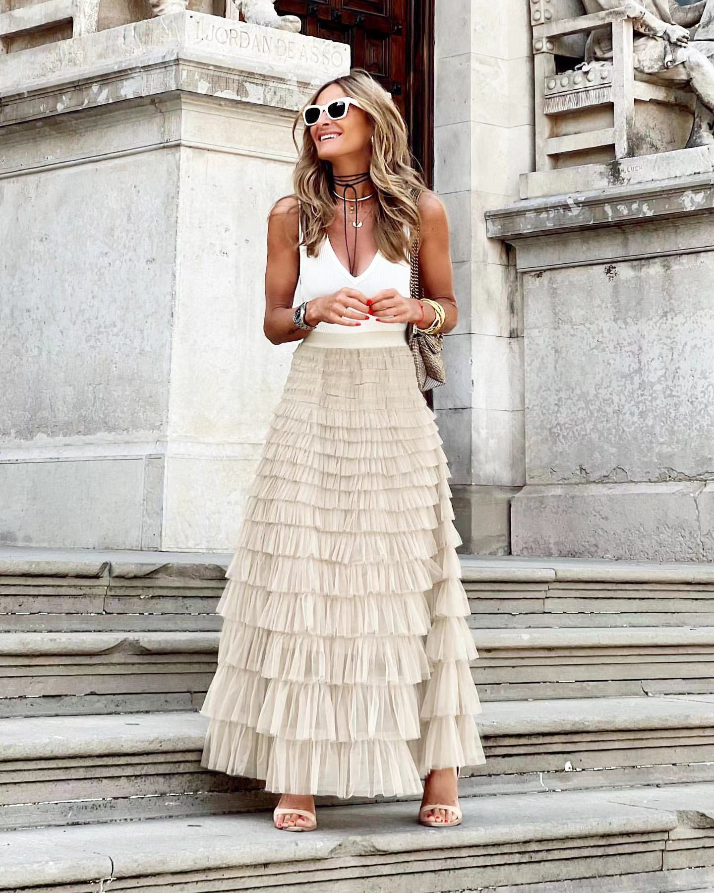 Amazon summer hot spot fashion mesh cake skirt for women in stock White（白） S