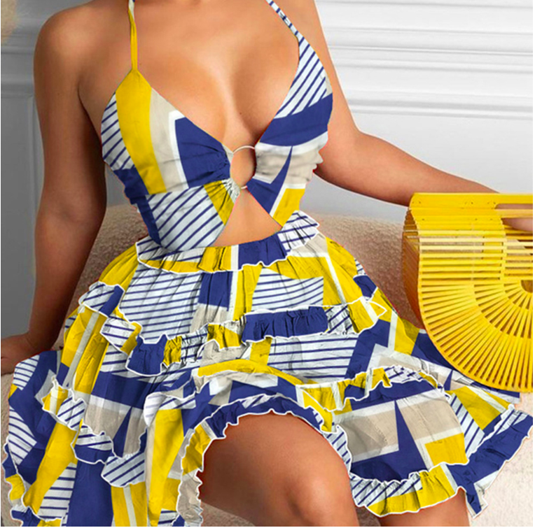 Cross-border European women’s clothing, summer new arrivals: sensuous, open-work neckline, hanging collar, V-neck cake dress.