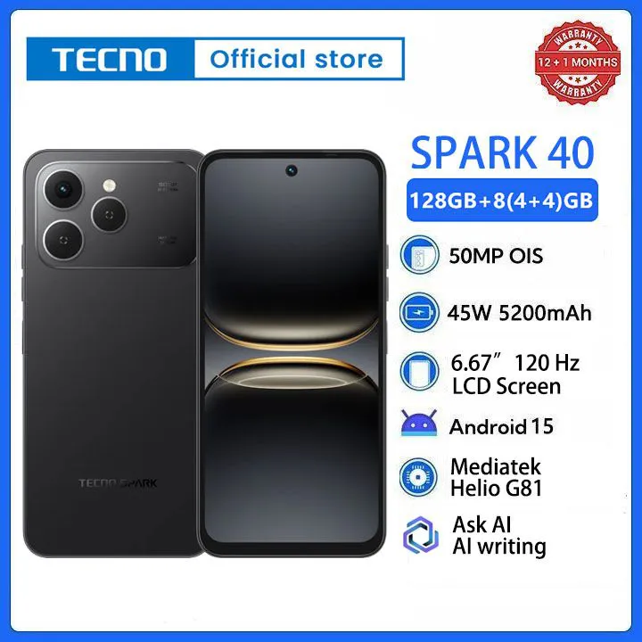 [New Arrivals] TECNO SPARK 40 128GB +8(4+4)GB 6.67" 120Hz Phone Dynamic Port 50MP Dual Speaker 5200mAh 45W Type-C Dual SIM 4G Side Fingerprint IP64 Smart AI Phones