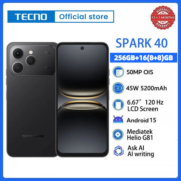 [New Arrivals] TECNO SPARK 40 256GB+16(8+8)GB 6.67" 120Hz Phone Dynamic Port 50MP Dual Speaker 5200mAh 45W Type-C Dual SIM 4G Side Fingerprint IP64 Smart AI Phones