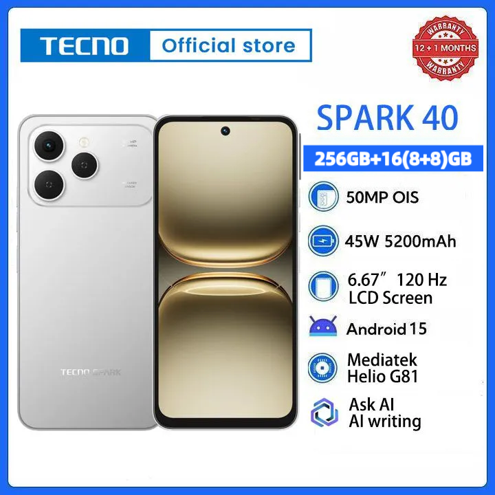[New Arrivals] TECNO SPARK 40 256GB+16(8+8)GB 6.67" 120Hz Phone Dynamic Port 50MP Dual Speaker 5200mAh 45W Type-C Dual SIM 4G Side Fingerprint IP64 Smart AI Phones