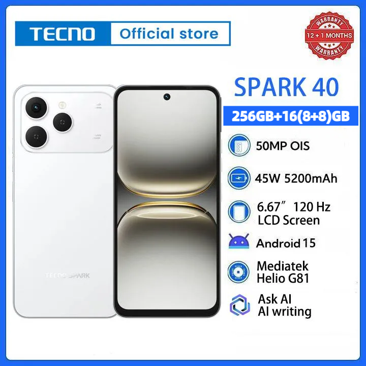 [New Arrivals] TECNO SPARK 40 256GB+16(8+8)GB 6.67" 120Hz Phone Dynamic Port 50MP Dual Speaker 5200mAh 45W Type-C Dual SIM 4G Side Fingerprint IP64 Smart AI Phones