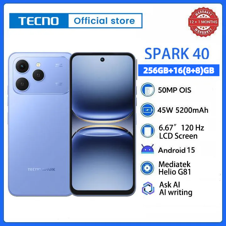 [New Arrivals] TECNO SPARK 40 256GB+16(8+8)GB 6.67" 120Hz Phone Dynamic Port 50MP Dual Speaker 5200mAh 45W Type-C Dual SIM 4G Side Fingerprint IP64 Smart AI Phones